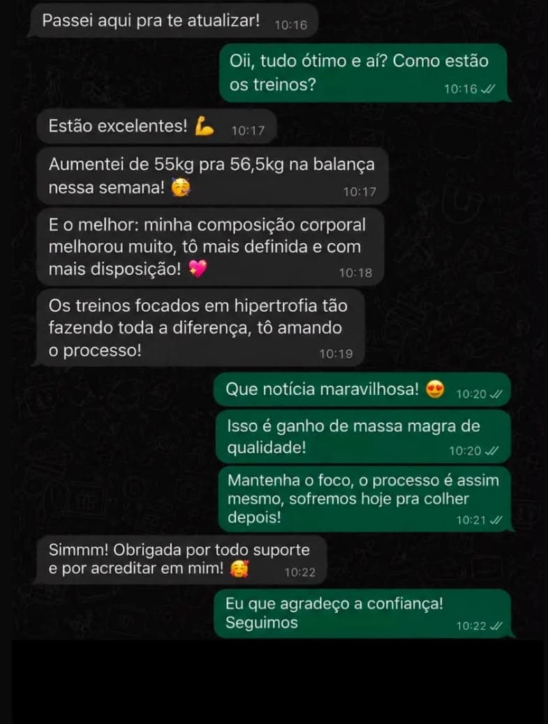 Print de WhatsApp: aluna relata ganho de massa magra e mais disposição com o método RV